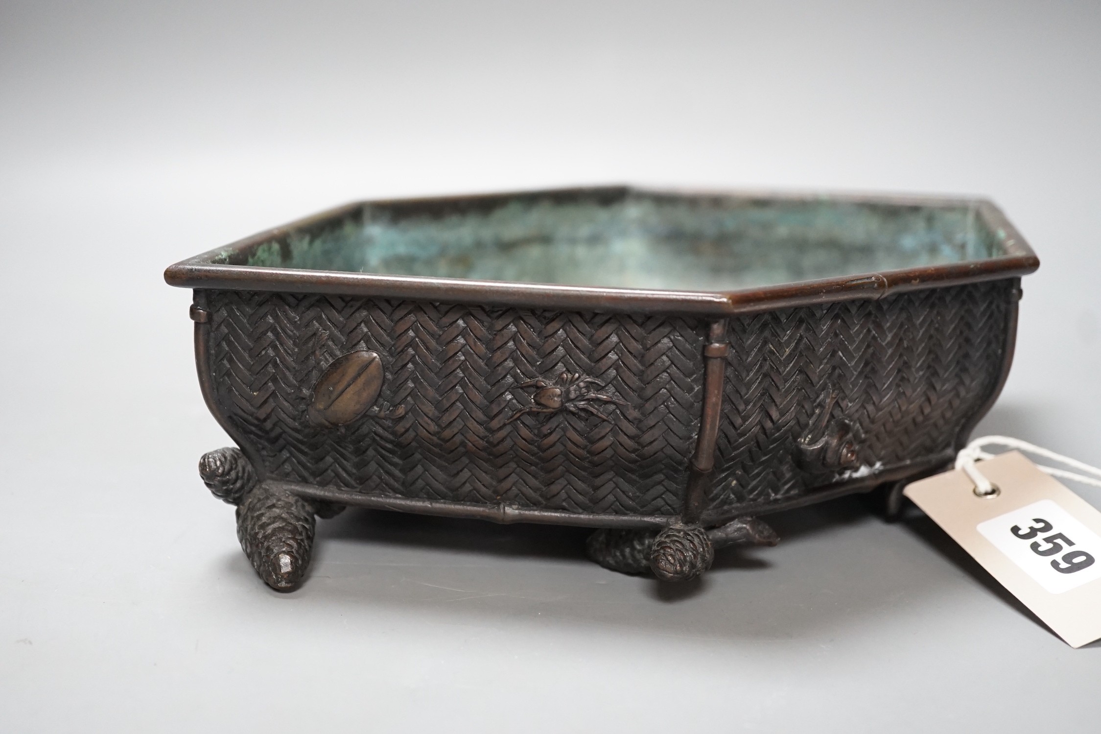 A Meiji period Japanese bronze hexagonal tray, signed to base. 29cm long